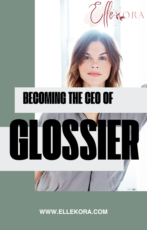 Emily Weiss gazes confidently in gray top against modern green-yellow leadership book cover design featuring "Becoming the CEO of Glossier" headline with ellekora.com branding for inspirational profile.
