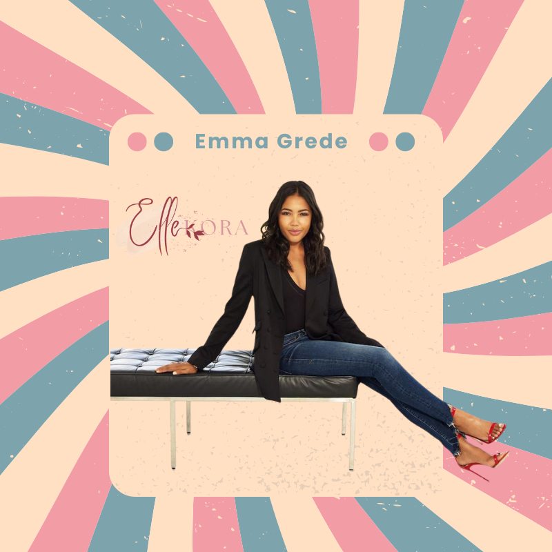 Emma Grede sits confidently on a black bench in a black blazer and jeans with red heels, centered in a pink-blue-cream retro frame with swirling starburst patterns; text overlays read "Emma Grede" in pink circles and "Ellekora" in cursive script.