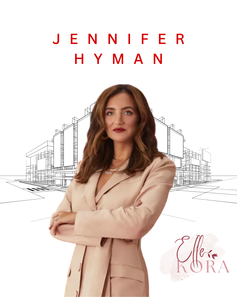 Jennifer Hyman stands confidently in elegant beige suit against minimalist white-red backdrop with architectural lines, embodying boss energy as Rent the Runway CEO for ellekora.com National Boss Day celebration.