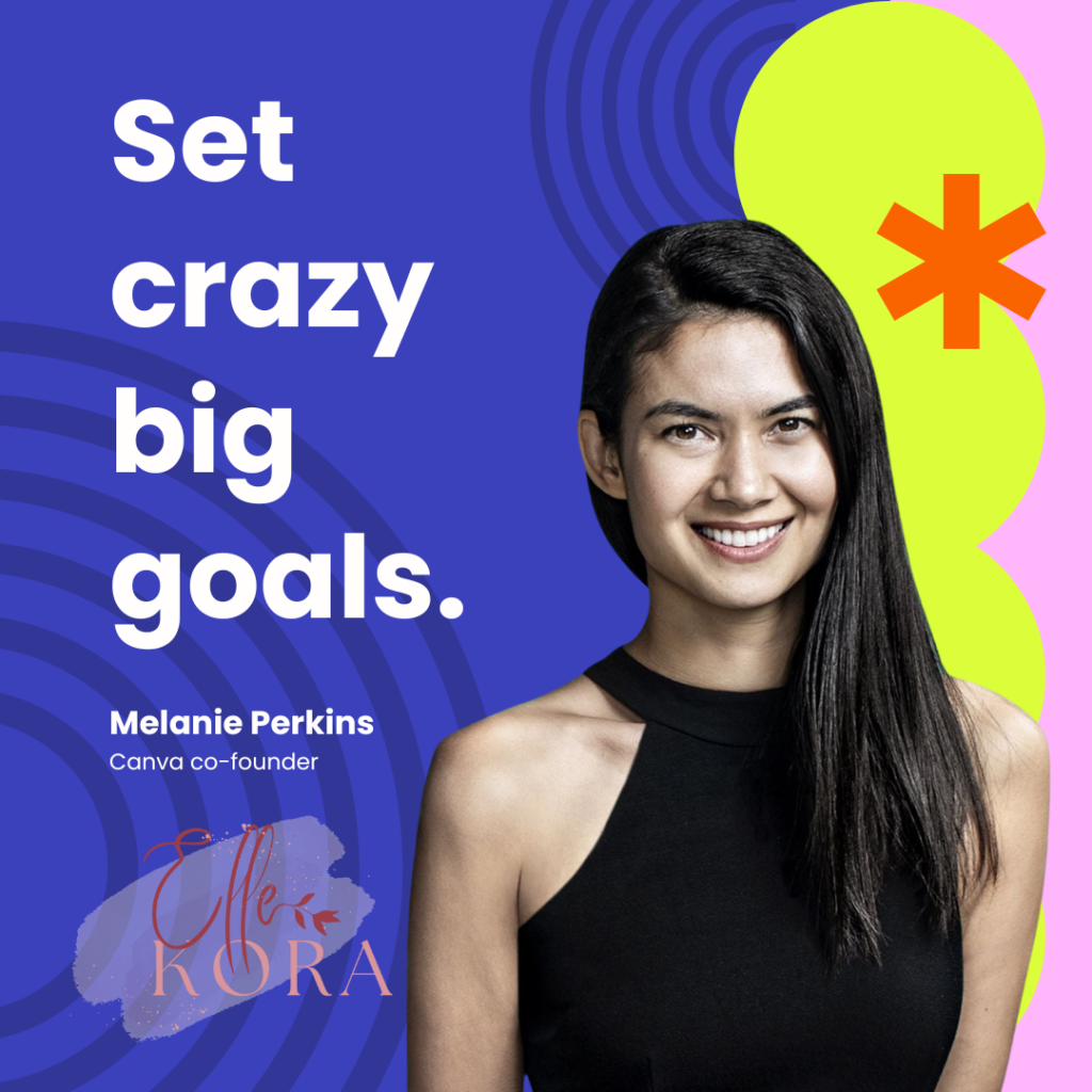Melanie Perkins smiles confidently in black top against vibrant blue geometric Canva design backdrop featuring her quote "Set crazy big goals," with ellekora.com branding and modern announcement styling.